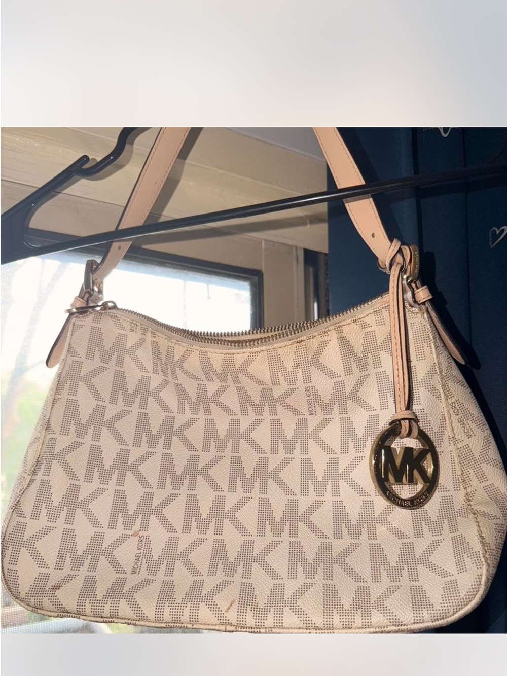 Michael Kors Cream Beige MK Logo Shoulder Bag with Gold Charm